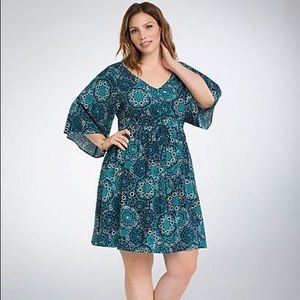 Lattice back green geo print dress